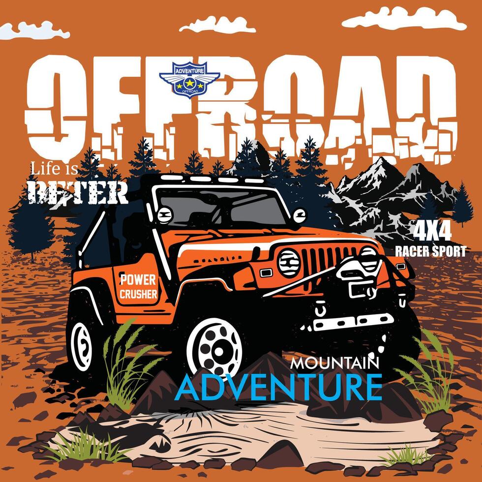 Off road car illustration with mountain view vector art