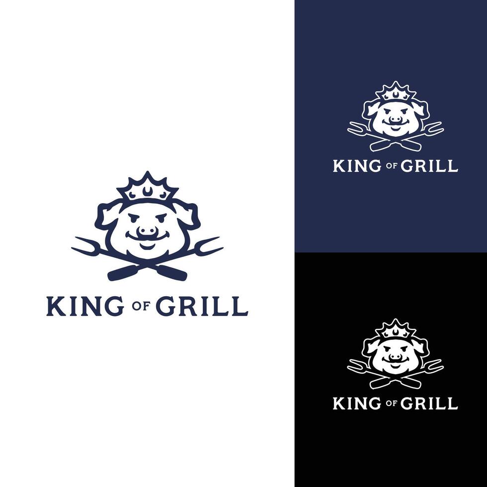 Cool mascot king pig grill logo design vector