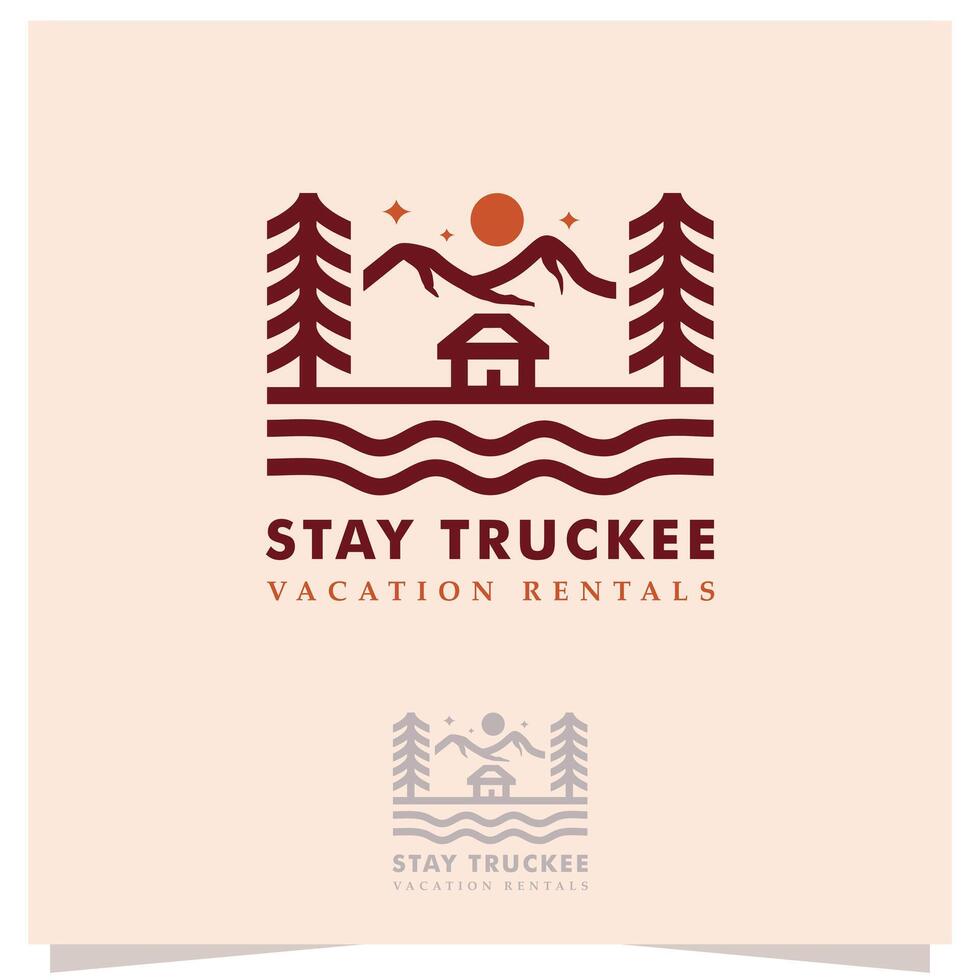 Wooden house in the pine forest and mountain night logo design vector template