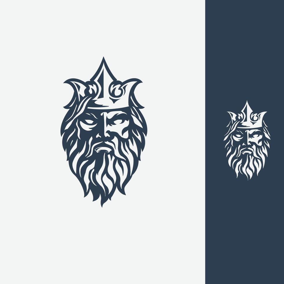 neptune God of greek crown. old man face with beard and mustache head logo design vector illustration