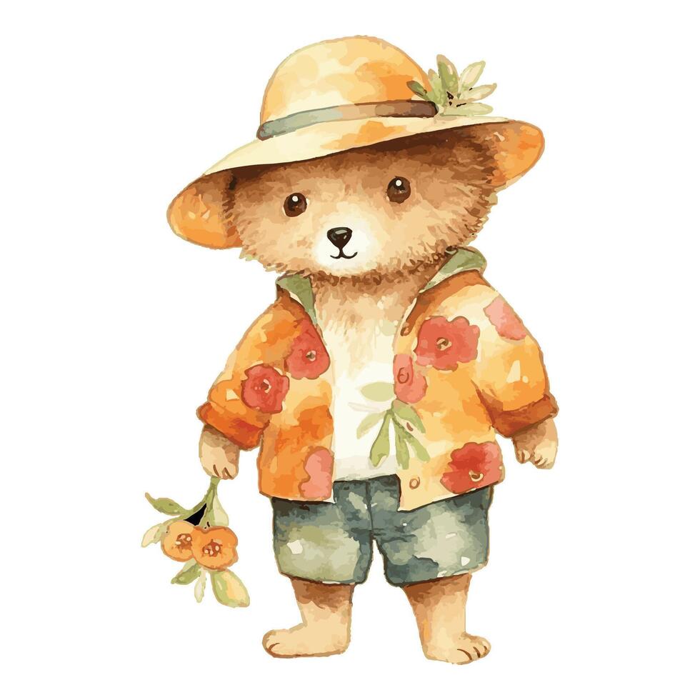 Watercolor Cute Bear Wearing Flower Hat And Orange Shirt Unbottoned Hold Flower Concept vector