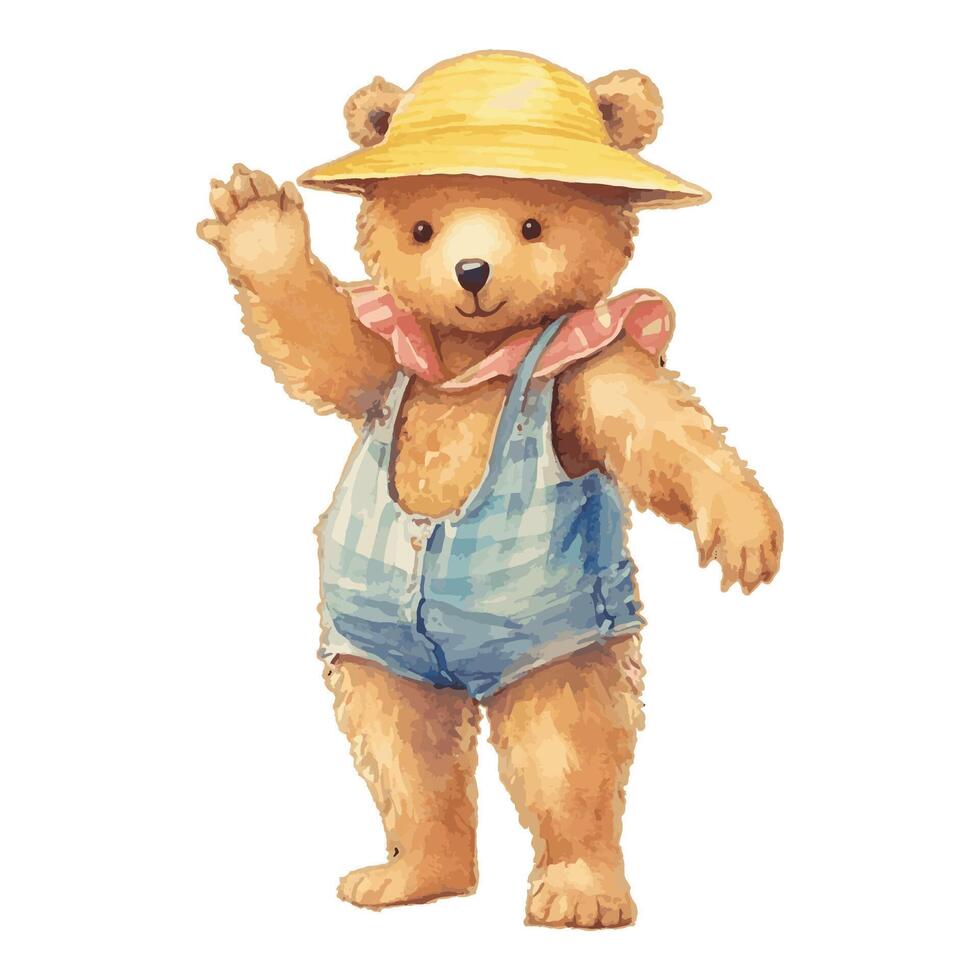 Watercolor Cute Bear Wearing Yellow Hat Waving One Hand Concept vector