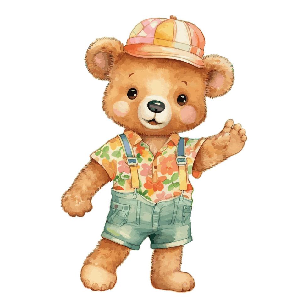 Watercolor Cute Bear Wearing Summer Jump Suit And Cap Standing Adorable Concept vector