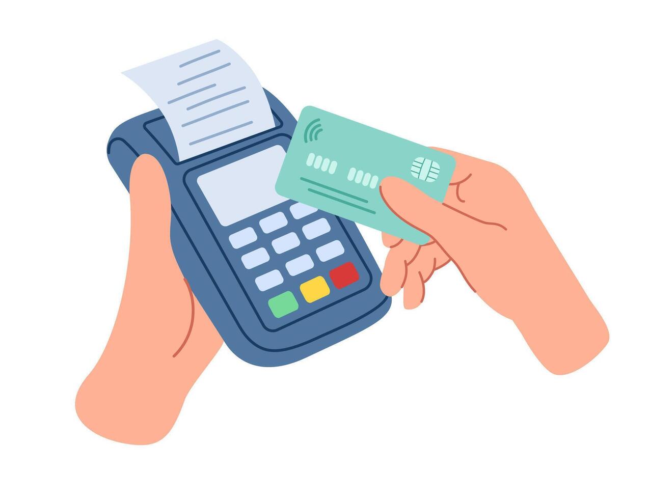 Person pays with a credit or debit card at the terminal. Payment for purchases. Receive a receipt for your purchase. Money transfer concept. Illustration isolated on white background. vector