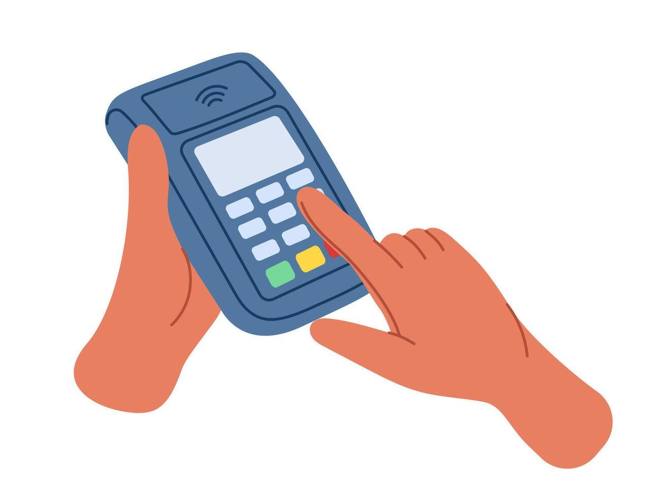 persona paga para compras utilizando un inalámbrico Terminal. entrando tu crédito tarjeta contraseña. dinero transferir concepto. mano dibujado ilustración aislado en blanco antecedentes. vector