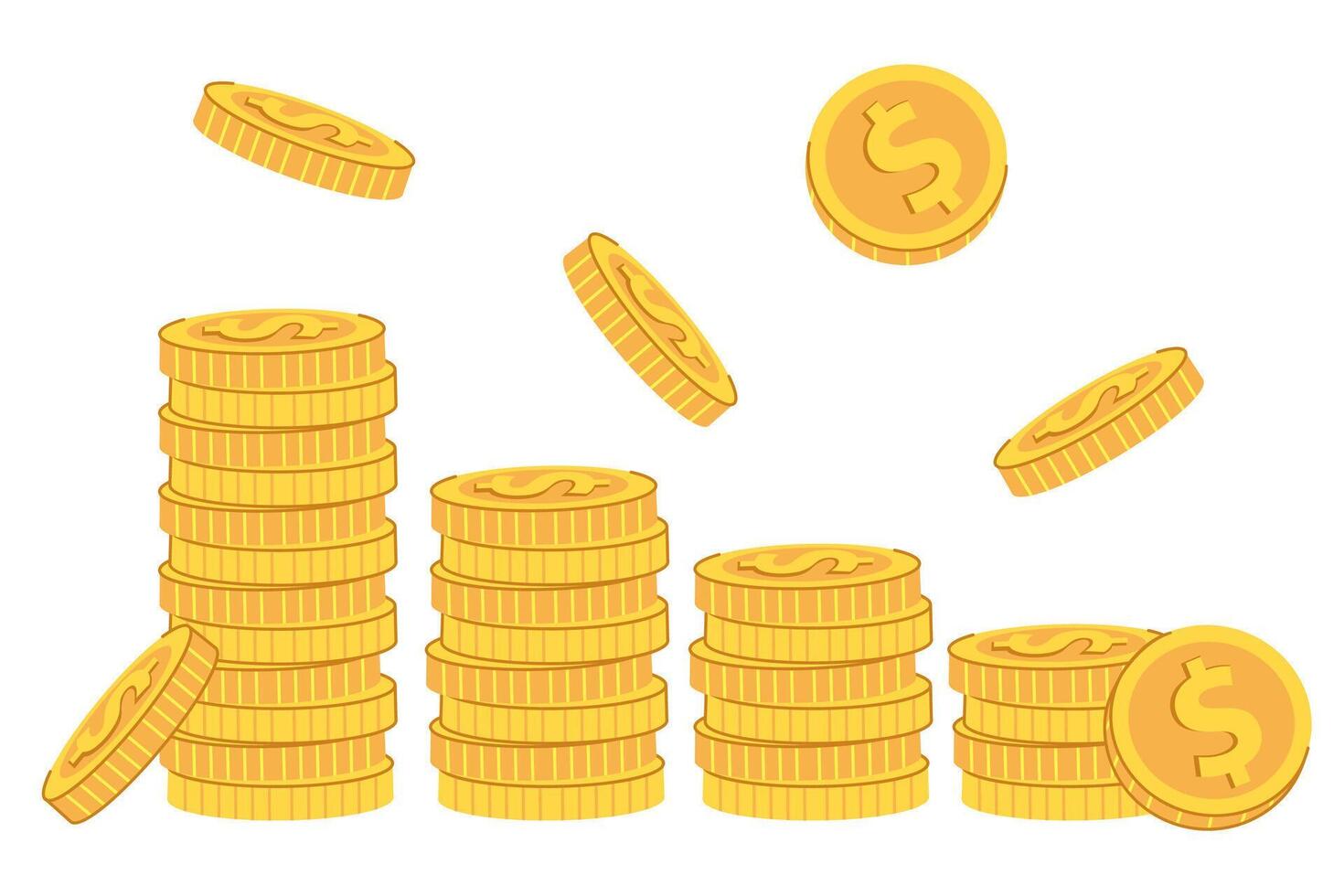 apilar de oro monedas con dólar signo. financiero crecimiento concepto, acumulación de dinero, monetario poder. mano dibujado ilustración aislado en blanco antecedentes. vector