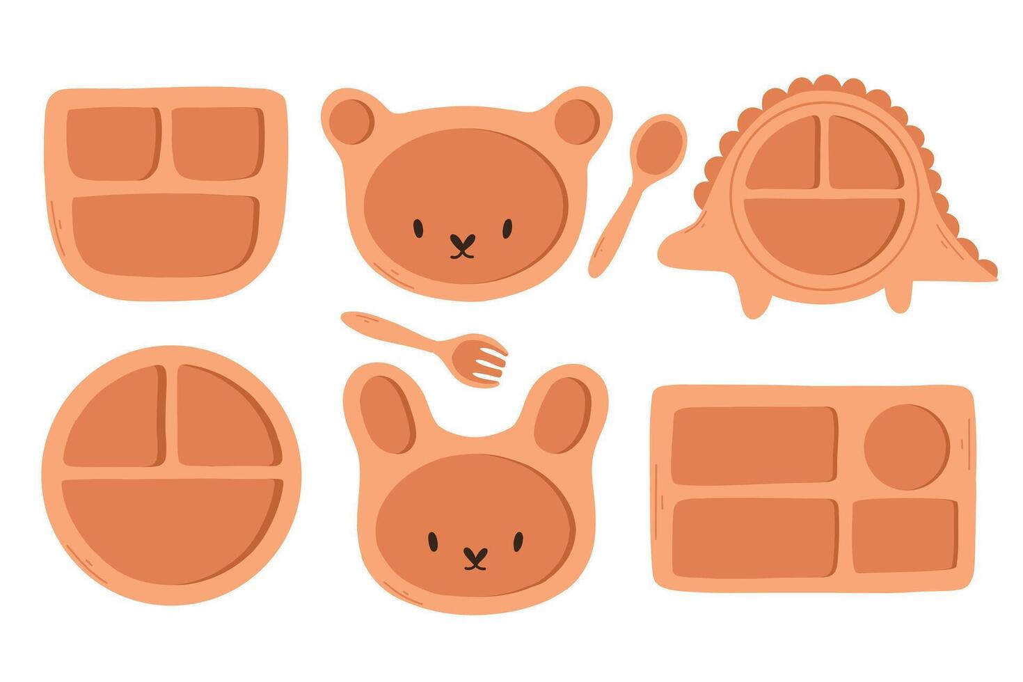 conjunto de de madera utensilios para niños vector. conjunto de para niños platos, para niños plato en plano estilo. vector