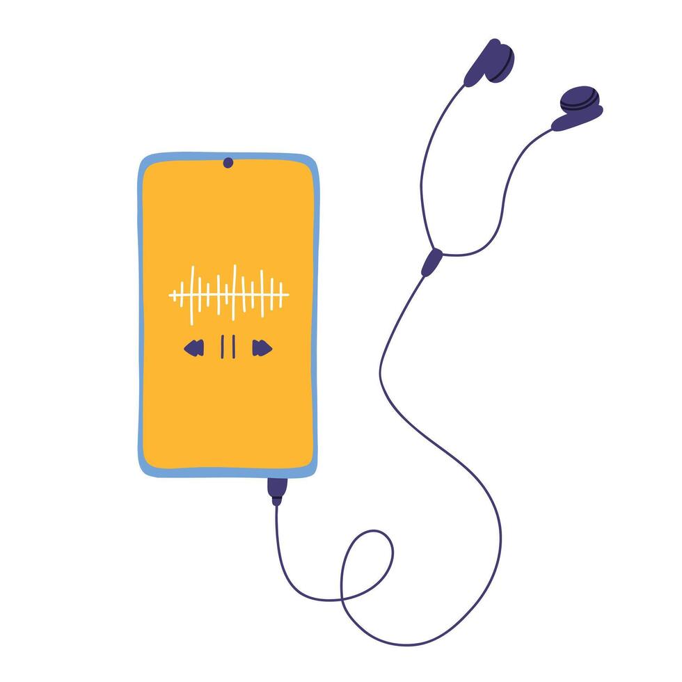 teléfono con auriculares y podcast. podcast concepto. música en tu teléfono o podcast. vector ilustración.