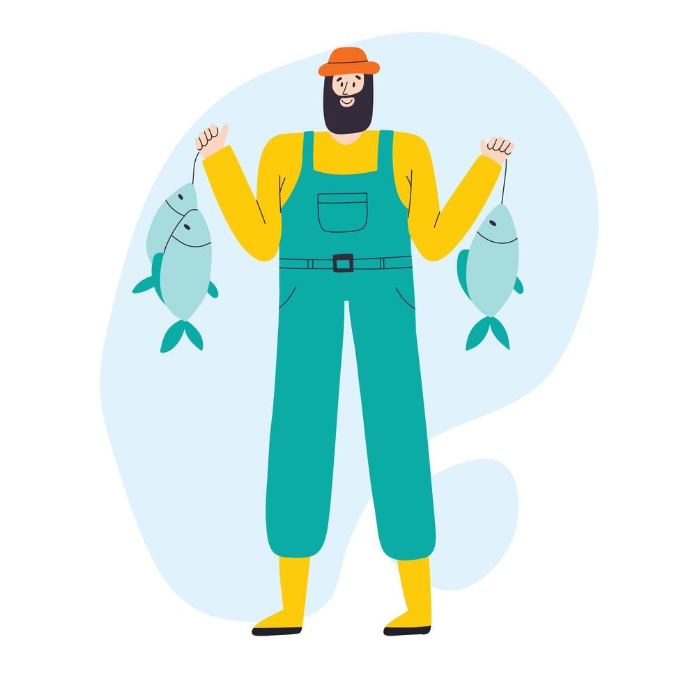 A man catches fish. Fishing concept. Happy male fisherman with a catch. Hand drawn vector illustration.