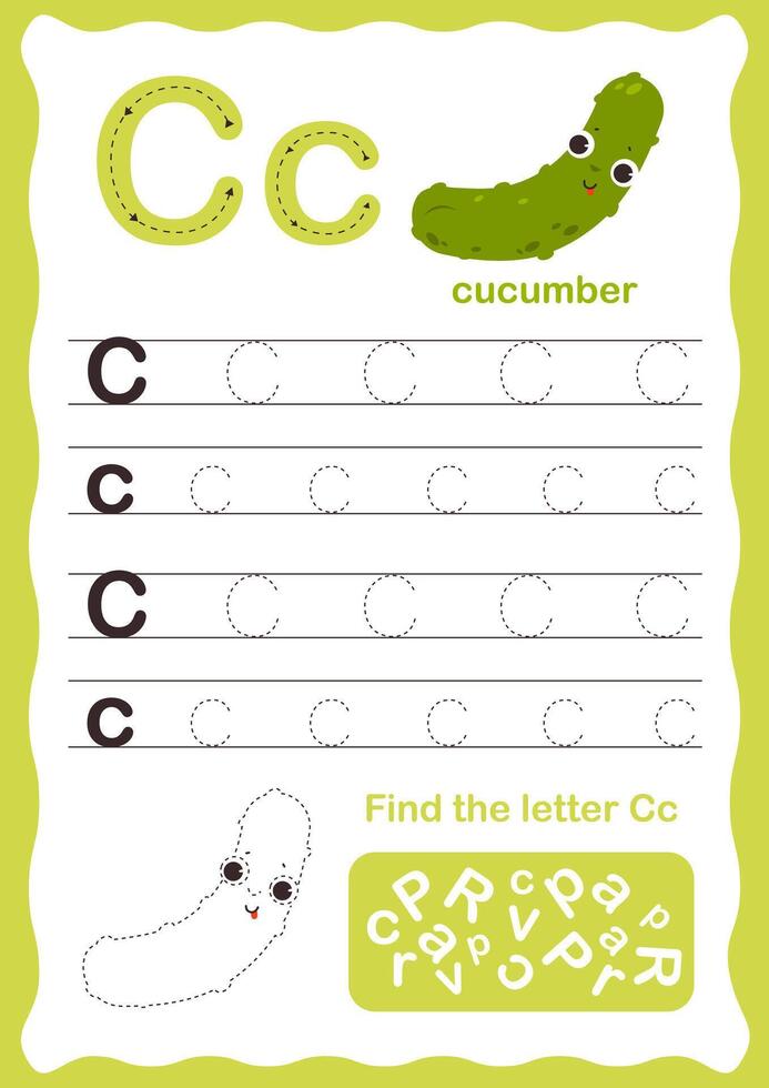 Tracing letters alphabet. Uppercase and lowercase letter C Engish alphabet. Handwriting exercise for kids. Vector illustration