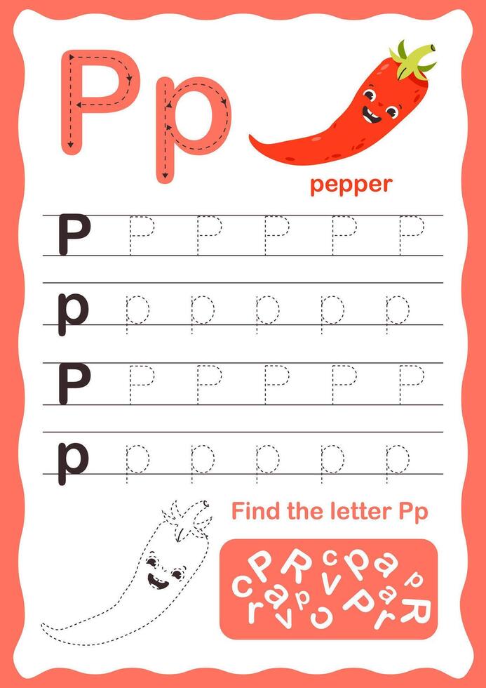 Tracing letters alphabet. Uppercase and lowercase letter p Engish alphabet. Handwriting exercise for kids. Vector illustration