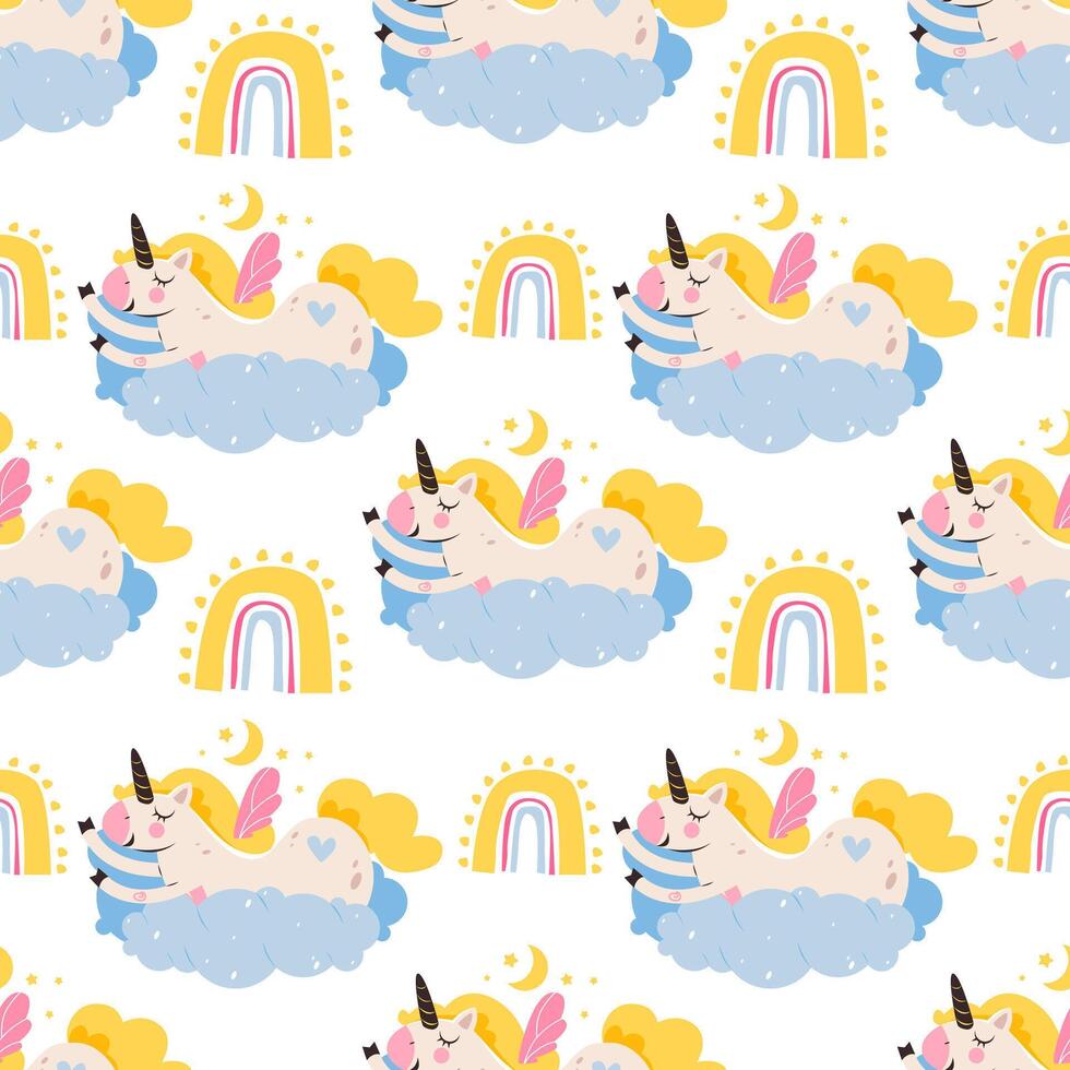 Seamless patterns with cute magical with a sleeping unicorn on the clouds. Vector illustration