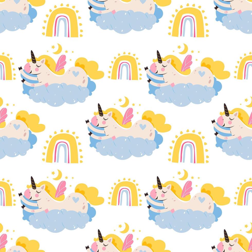 Seamless patterns with cute magical with a sleeping unicorn on the clouds. Vector illustration