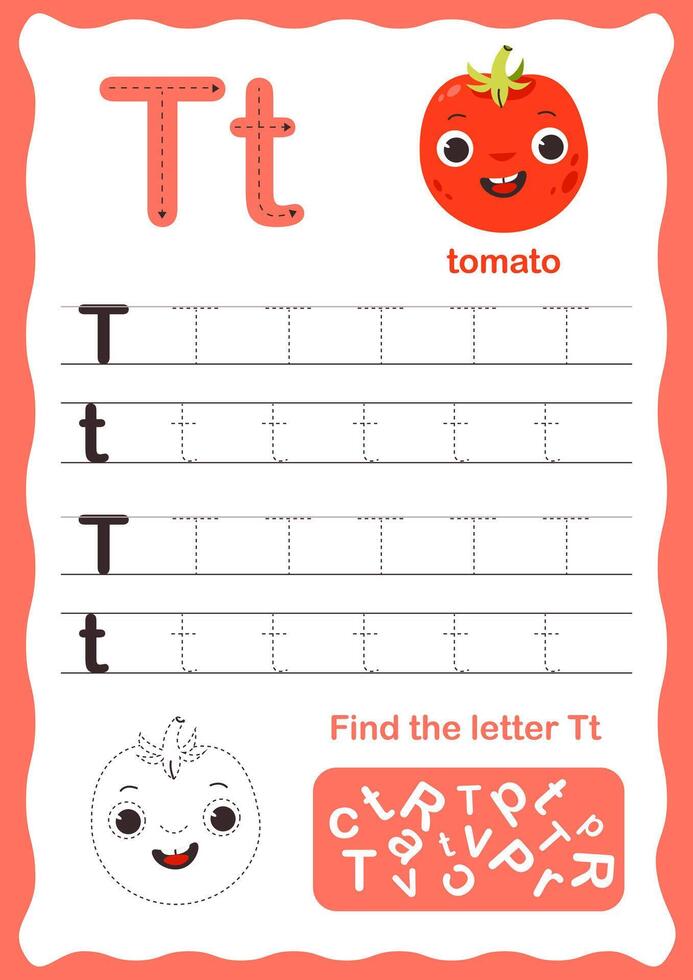 Tracing letters alphabet. Uppercase and lowercase letter T Engish alphabet. Handwriting exercise for kids. Vector illustration