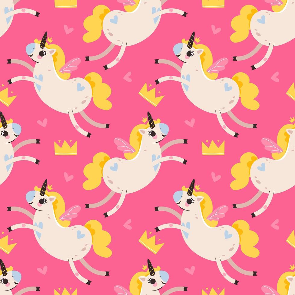 Seamless patterns with cute magical unicorns and and princess crown. Vector illustration