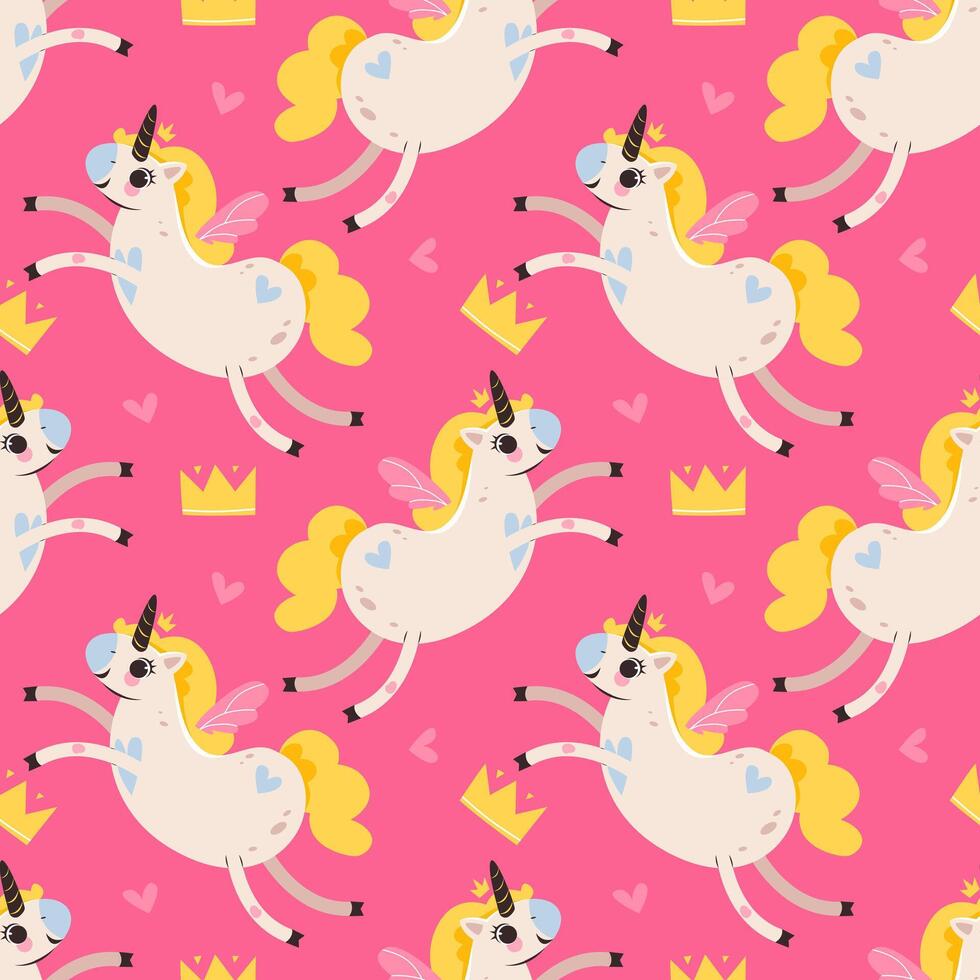 Seamless patterns with cute magical unicorns and and princess crown. Vector illustration