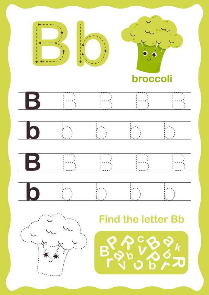 Tracing letters alphabet. Uppercase and lowercase letter B Engish alphabet. Handwriting exercise for kids. Vector illustration