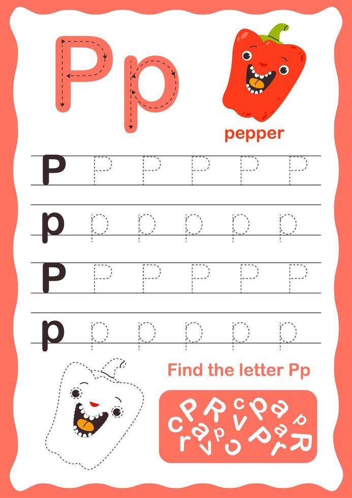 Tracing letters alphabet. Uppercase and lowercase letter p Engish alphabet. Handwriting exercise for kids. Vector illustration