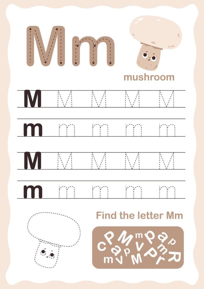 Tracing letters alphabet. Uppercase and lowercase letter M Engish alphabet. Handwriting exercise for kids. Vector illustration