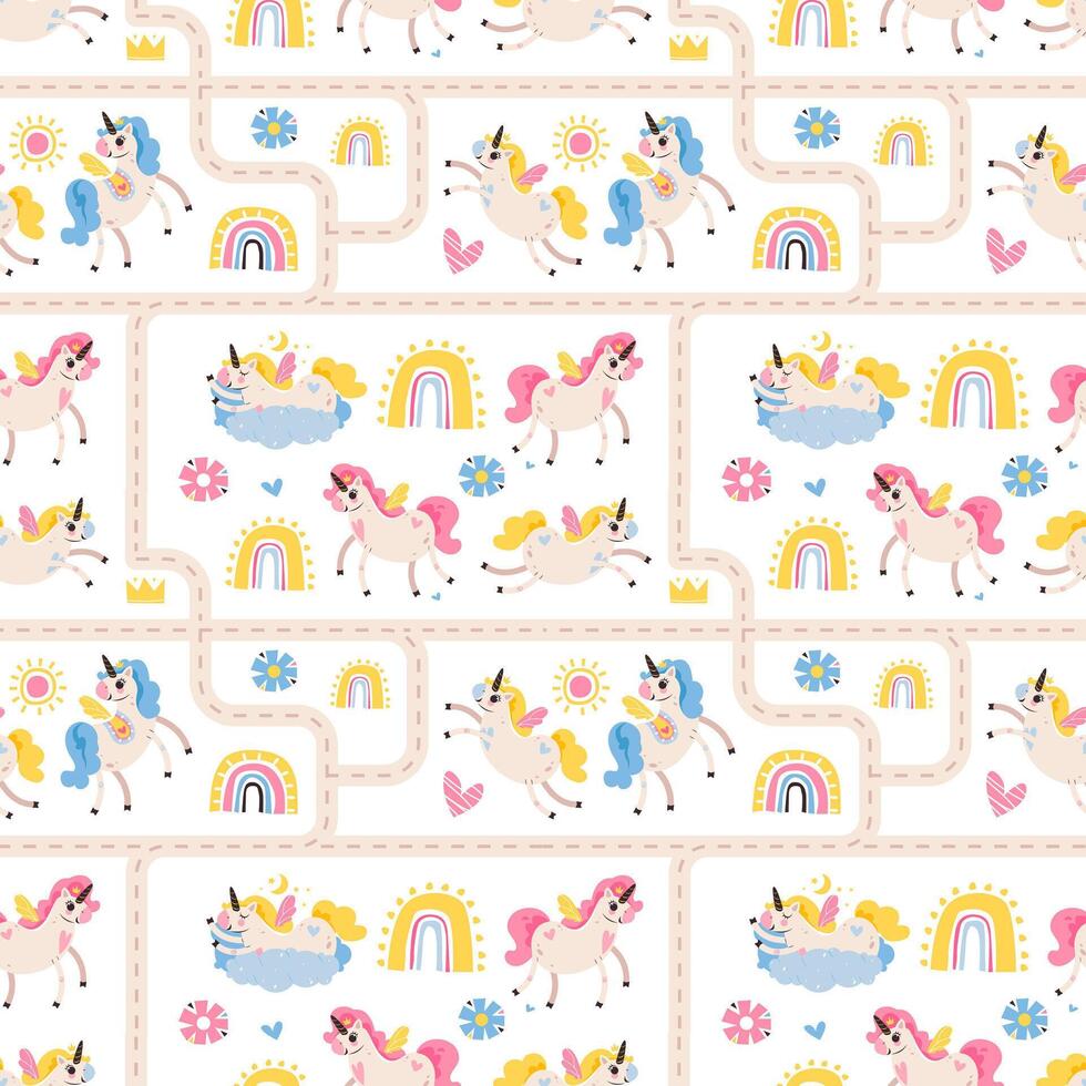 Seamless patterns with cute magical unicorns and rainbows. Vector illustration