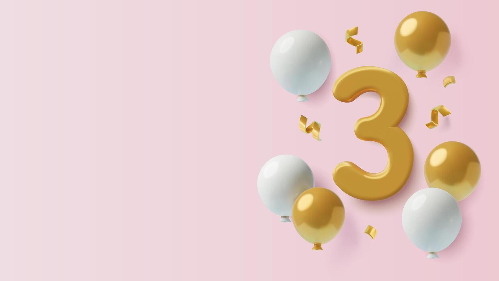 3D number 3 with white and gold balloons on pink background girl birthday banner with copy space vector