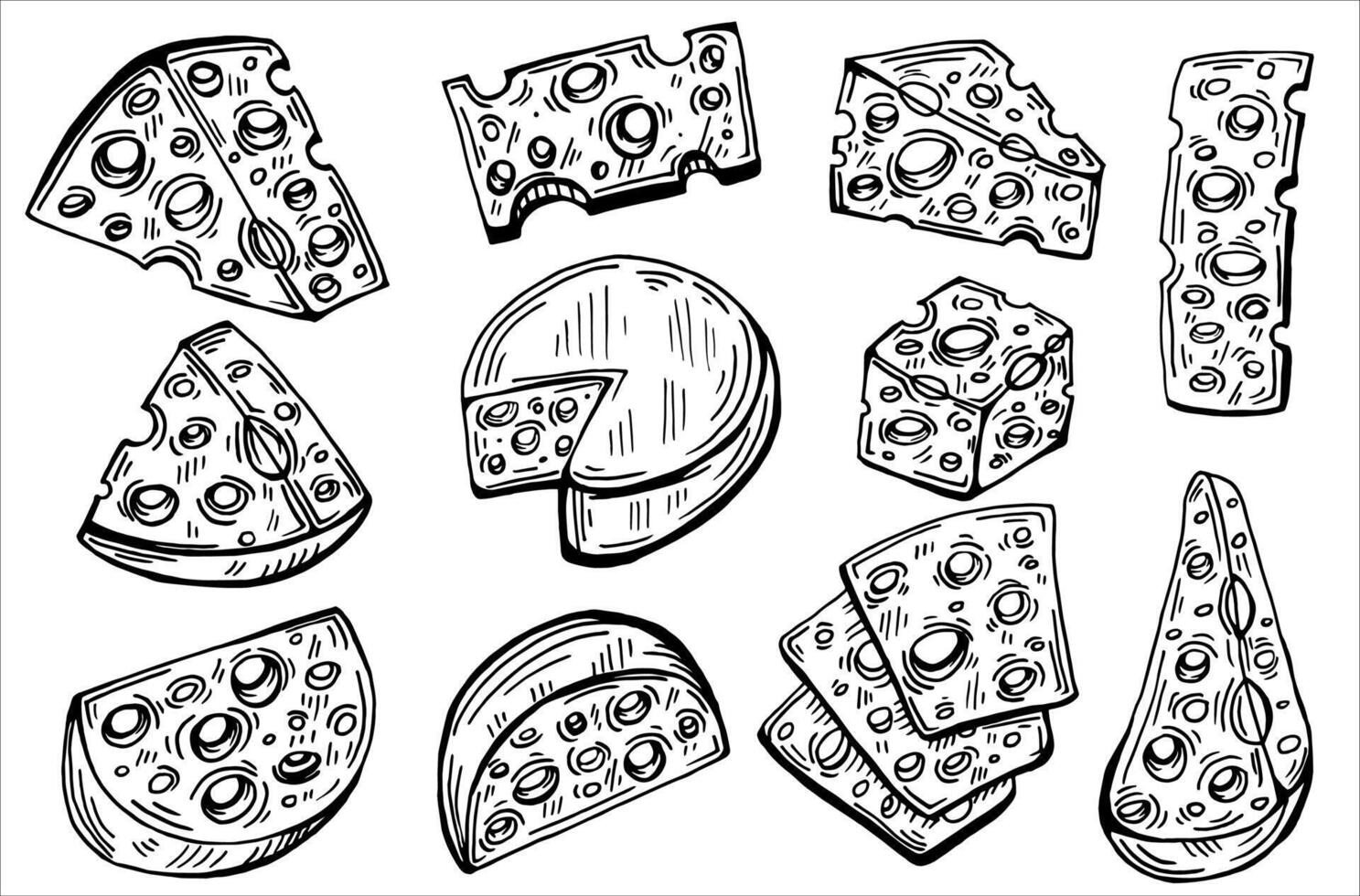 Hand Draen Cheese set. Sketch hand drawn different type cheese vector