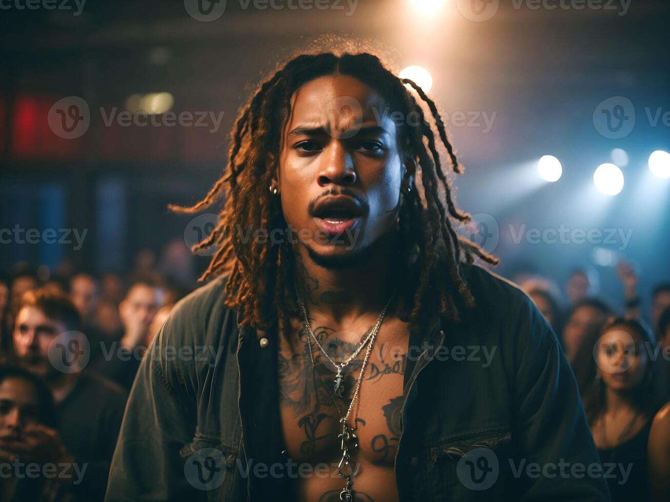 AI generated portrait of African American male singer with dreadlocks performing on stage, people and music background photo