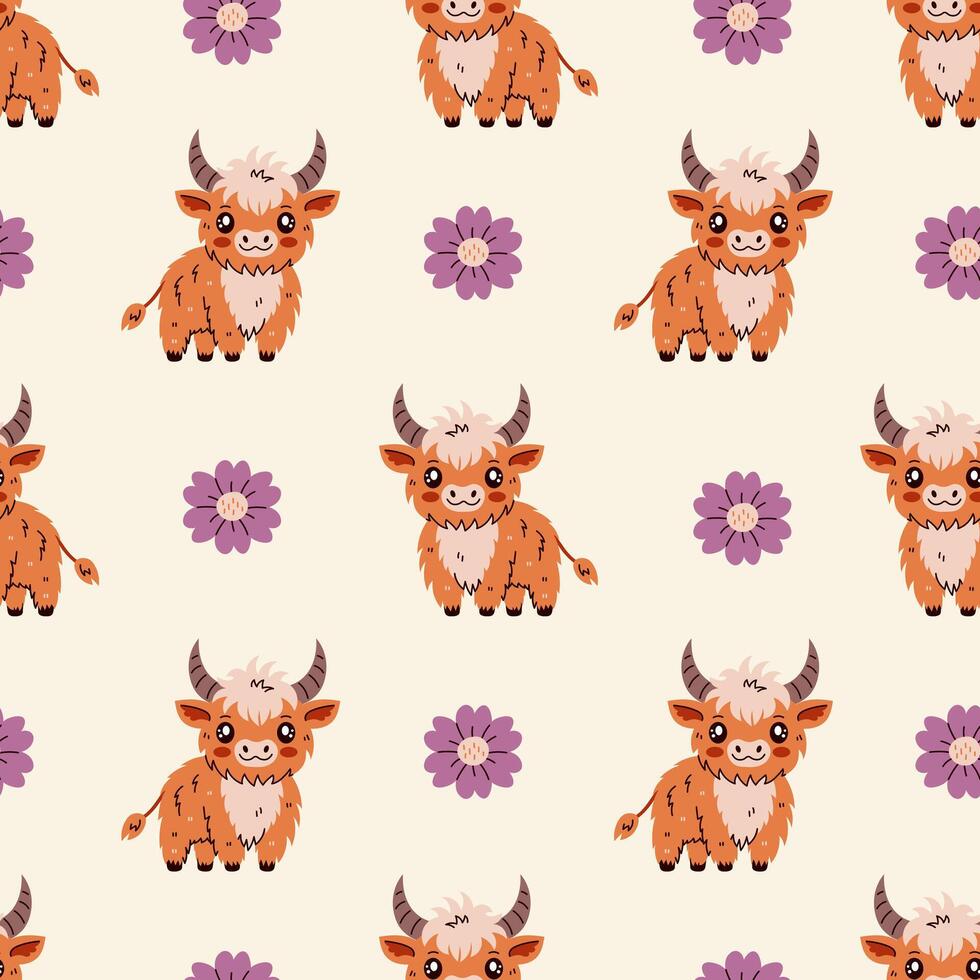 Childish Seamless Pattern with cow and flower vector