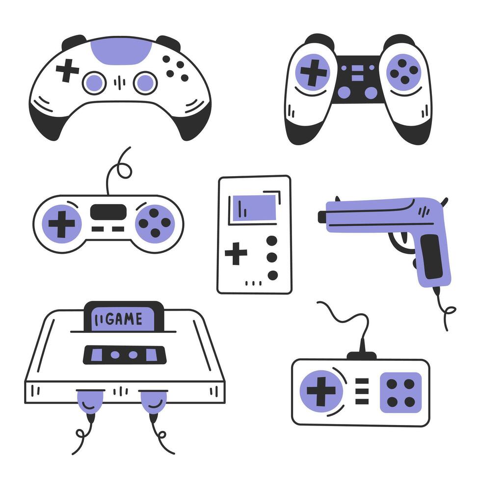 Video game controller and joysticks doodle set vector