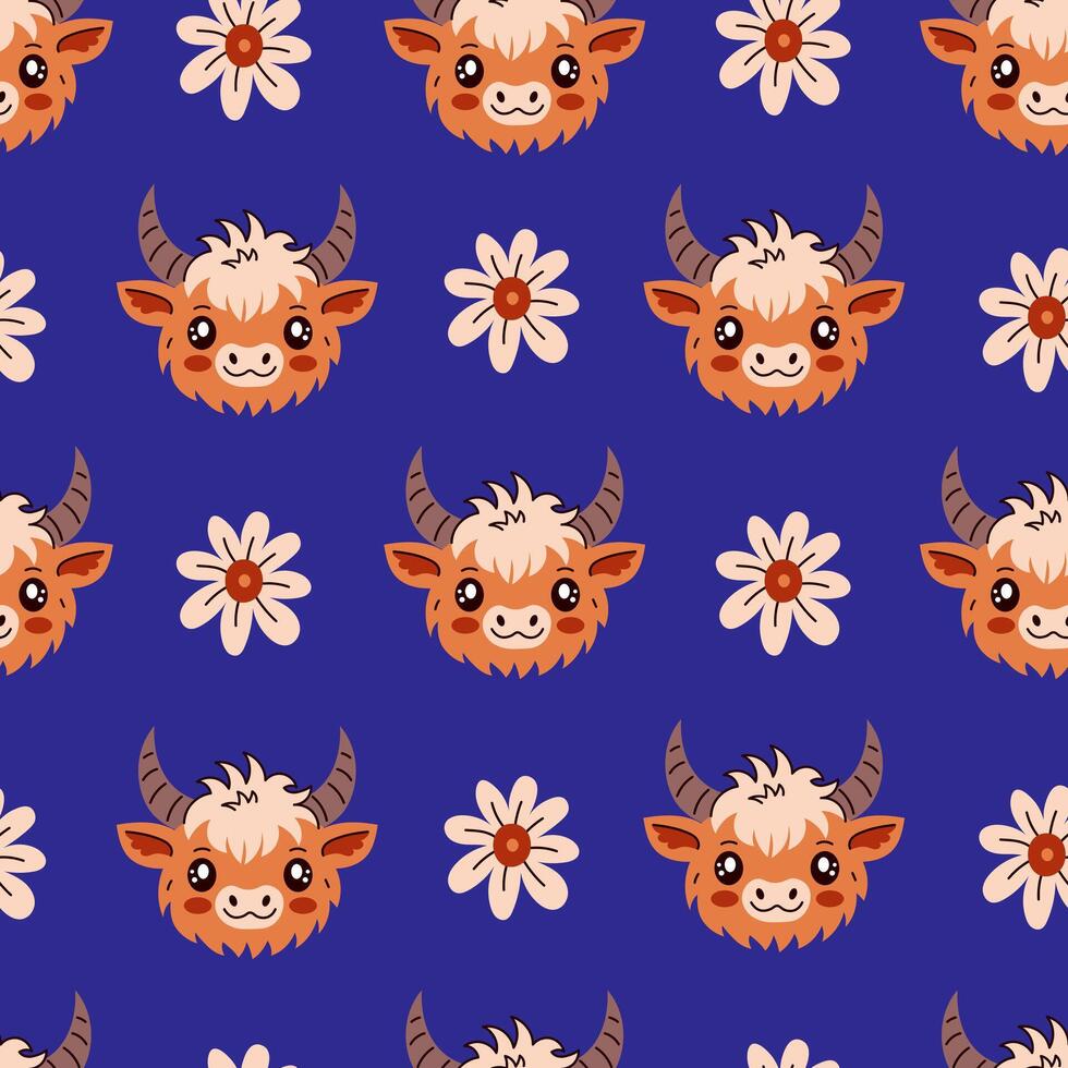 Highland cow and daisy seamless pattern vector