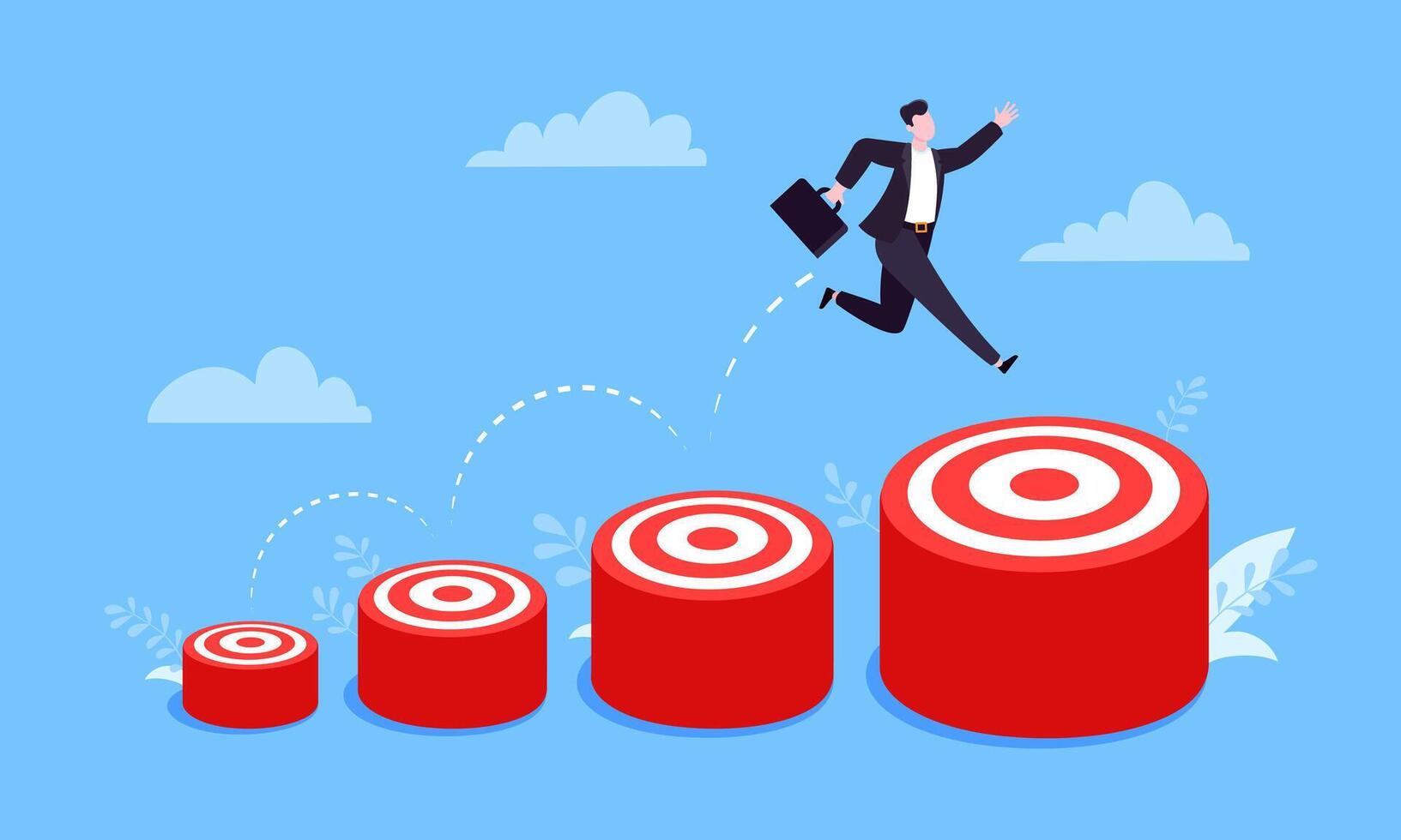 Businessman runs and jumps from small target goal to reach bigger target goal achievement. vector