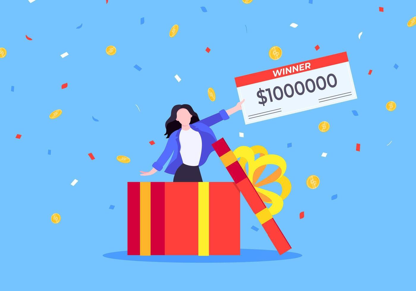 Happy lottery winner with big prize paycheck. Fortune lottery or casino gambling lucky games concept vector