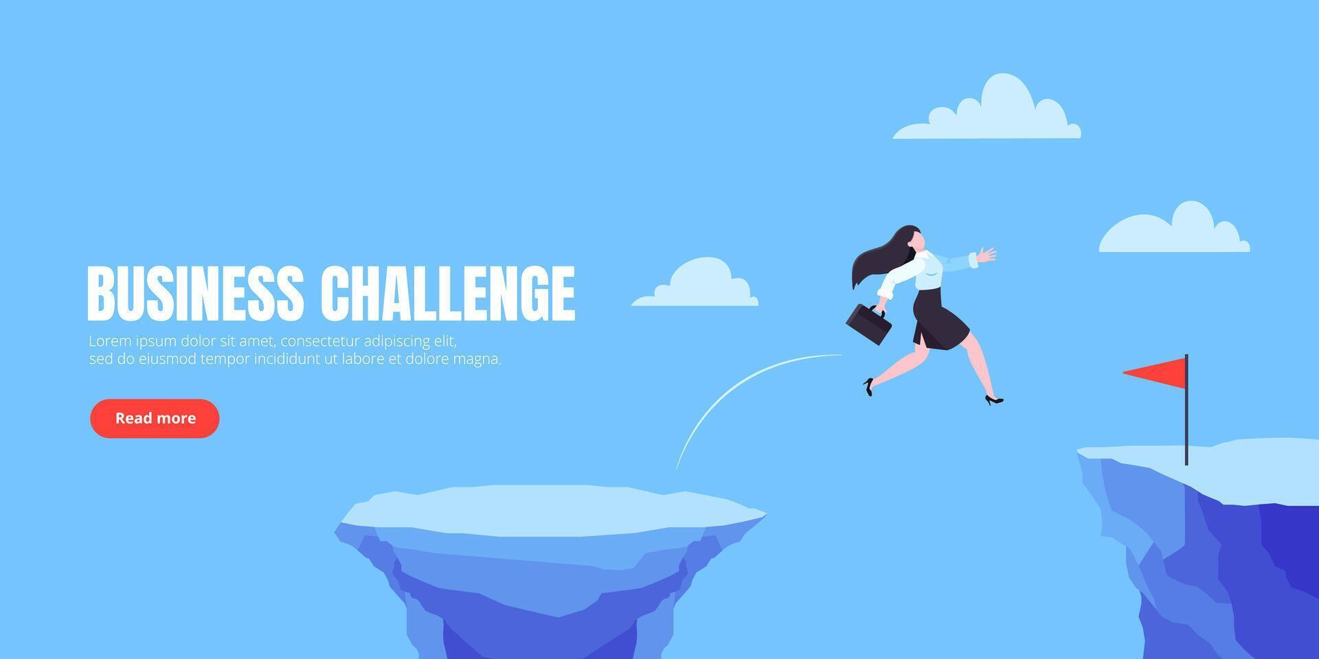 Businesswoman jumps over the abyss across the cliff flat style design vector illustration. Business concept of fearless businesswoman with courage. Risk, goal achievement, work obstacles and success.
