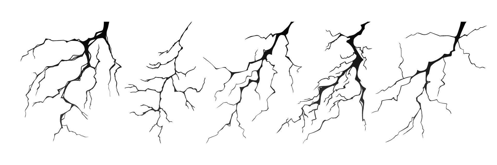 Lightning strike bolt silhouettes vector illustration set.