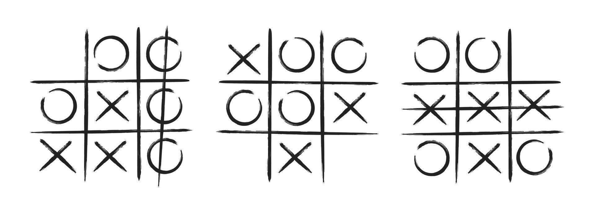 Tic tac toe xo game hand drawn grid doodle template vector illustration set isolated on white background