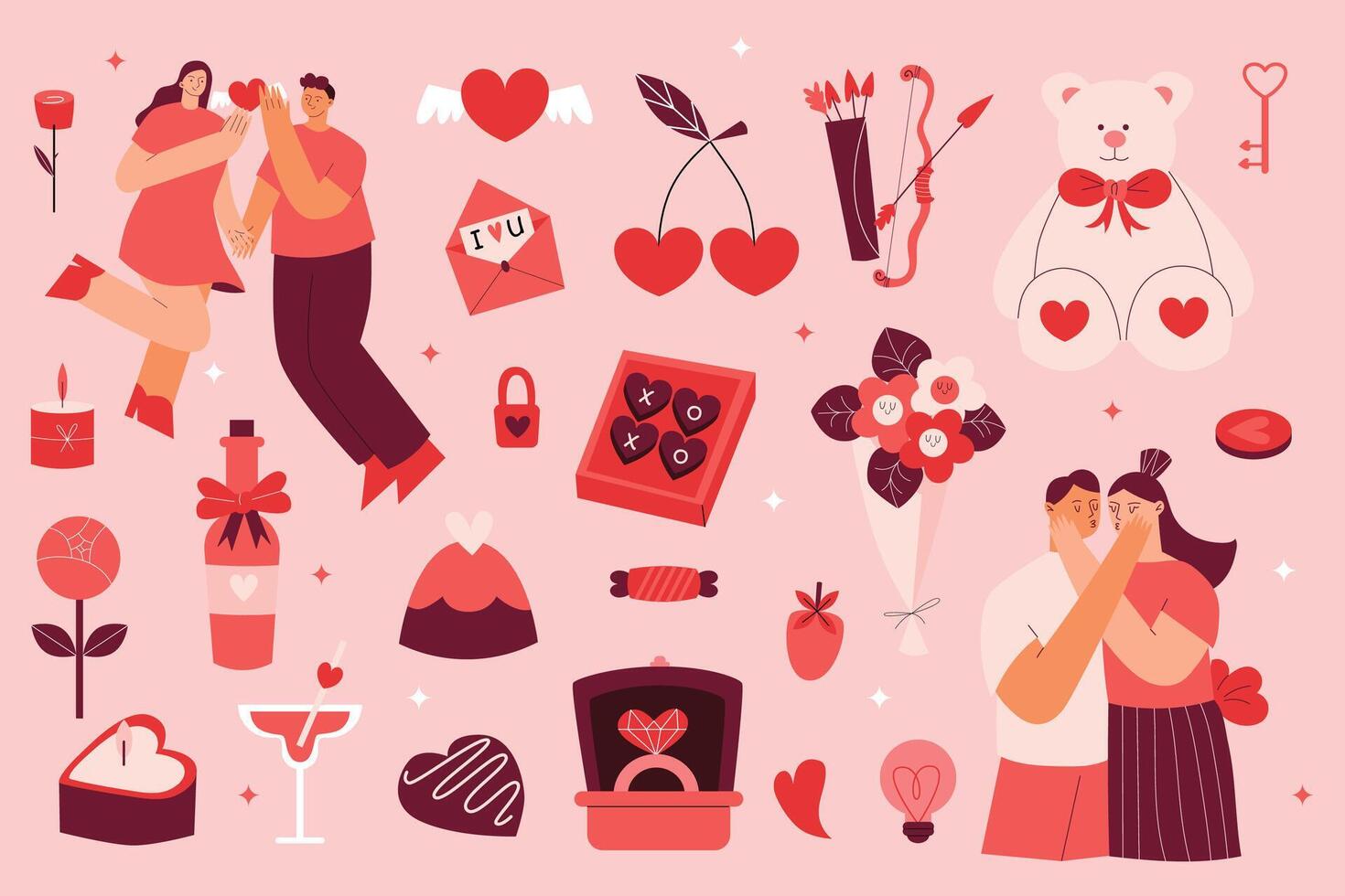 vector plano san valentin día conjunto con varios romántico elementos y personaje