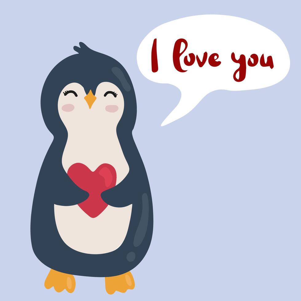 Cute cartoon penguin holding heart. Happy Valentine's day greeting card. Vector illustration.