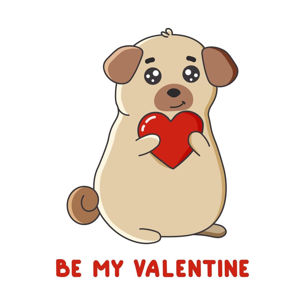Cute pug with red heart in cartoon style. Be my Valentine. Happy Valentine's day. vector
