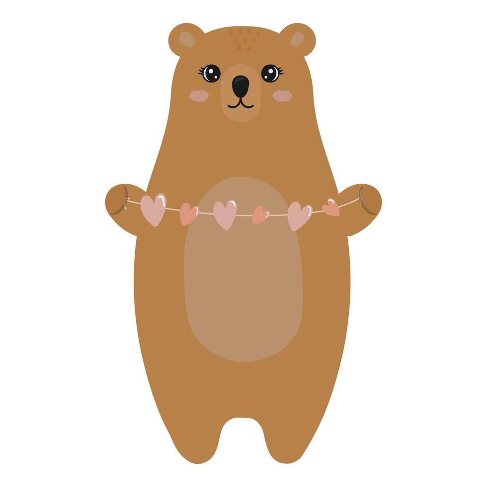 lindo oso sosteniendo una guirnalda de corazones. Feliz día de San Valentín. animal divertido aislado sobre fondo blanco. vector