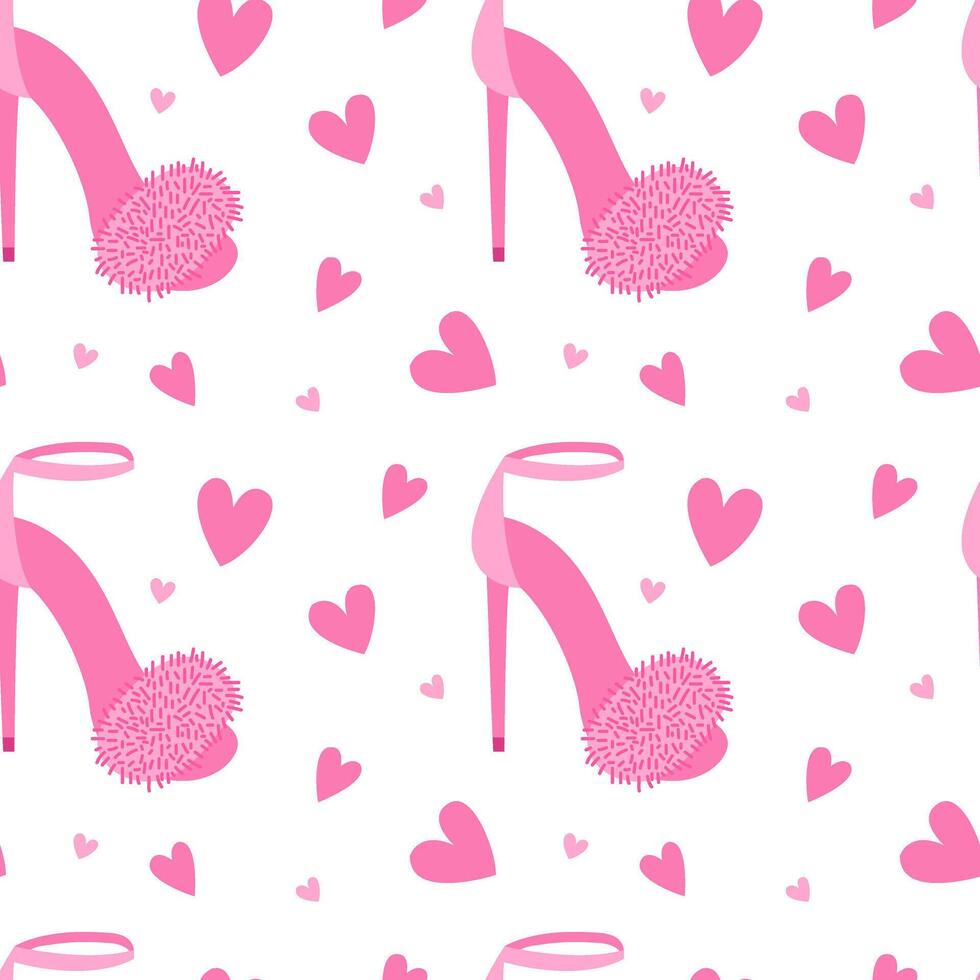 Pink fluffy shoe seamless pattern. Flat style barbiecore fluffy high heels vector pattern