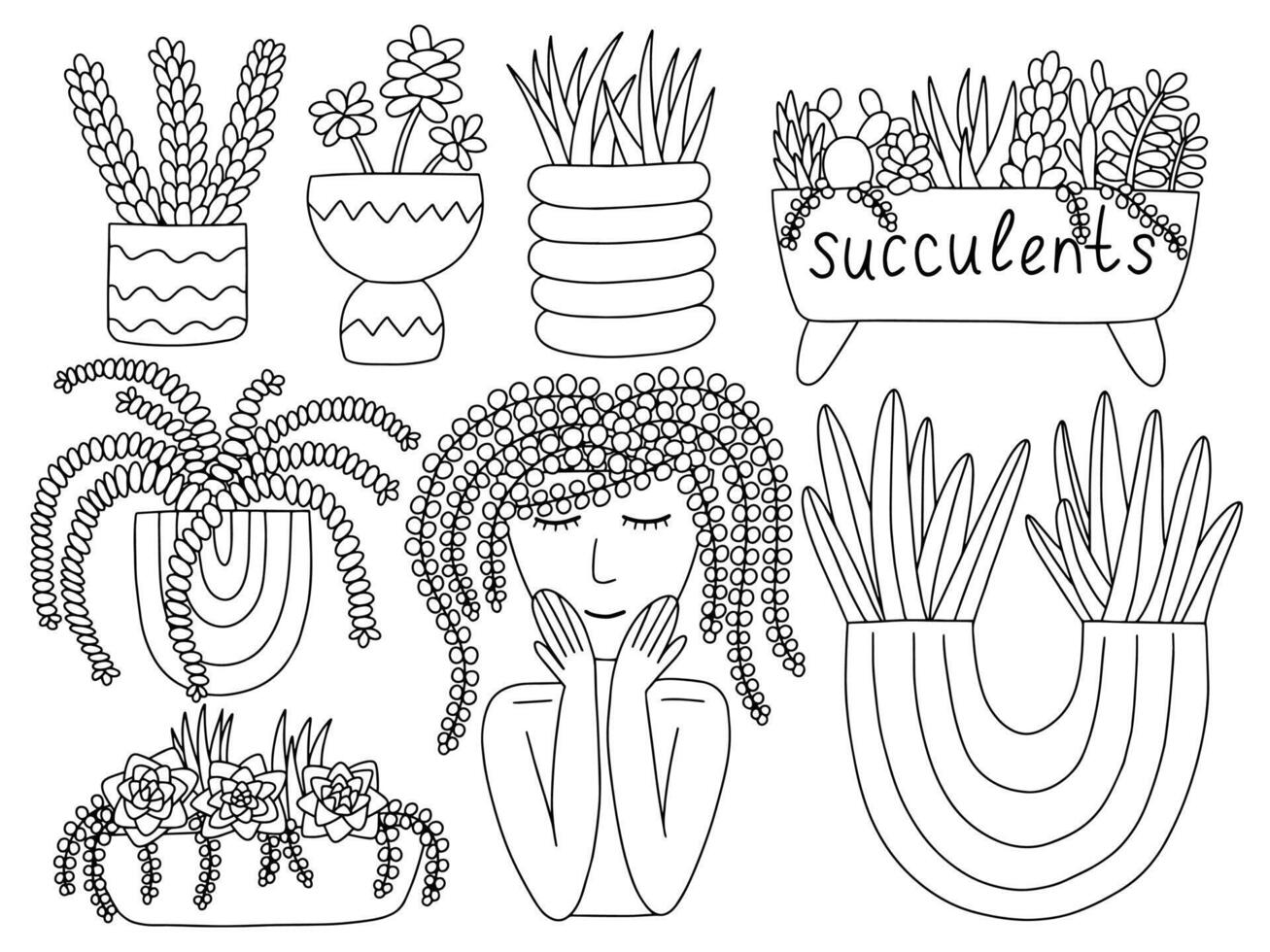 Succulent plants in pot sketches vector set. Hand drawn house plants in pot set