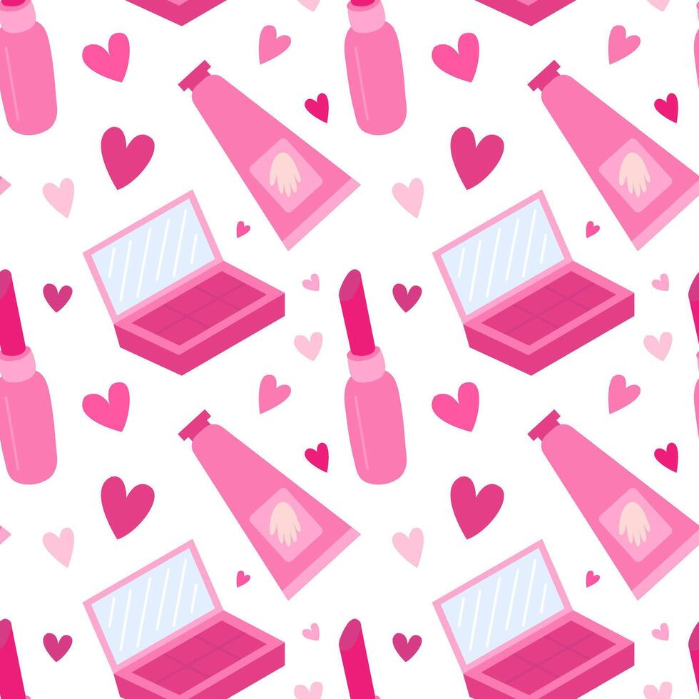 Cosmetics flat style pink seamless pattern. Make up elements vector pattern