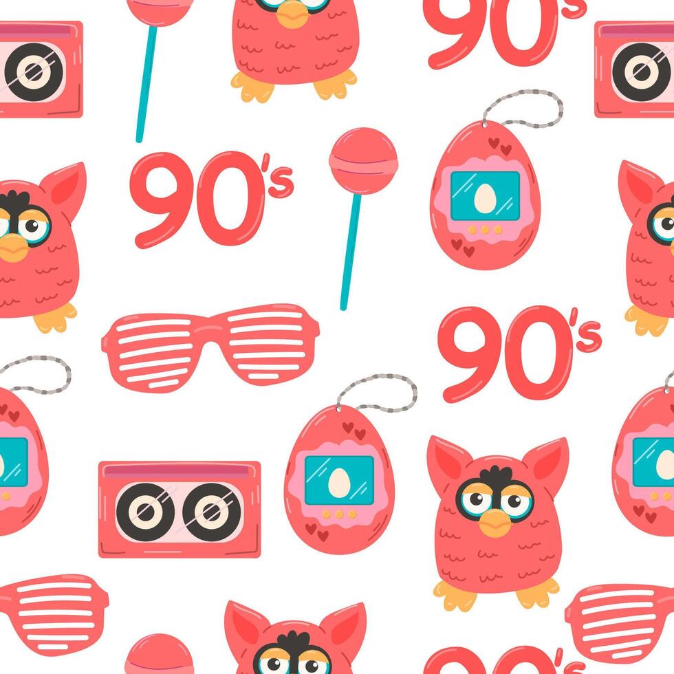 Seamless pattern of retro elements from the 90s and 80s. Antiques. Toys. Cute background. For design. vector