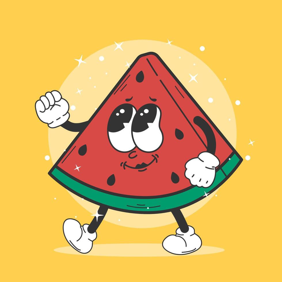 Funny cartoon watermelon character. Retro cartoon. Can be used as a poster, sticker. Vintage style. Emotions. vector