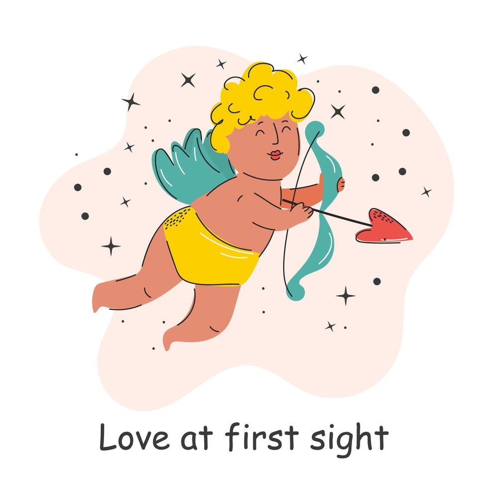 Postcard with an inscription about love. Cupid. Valentine's Day. Vector illustration with elements on a white background.