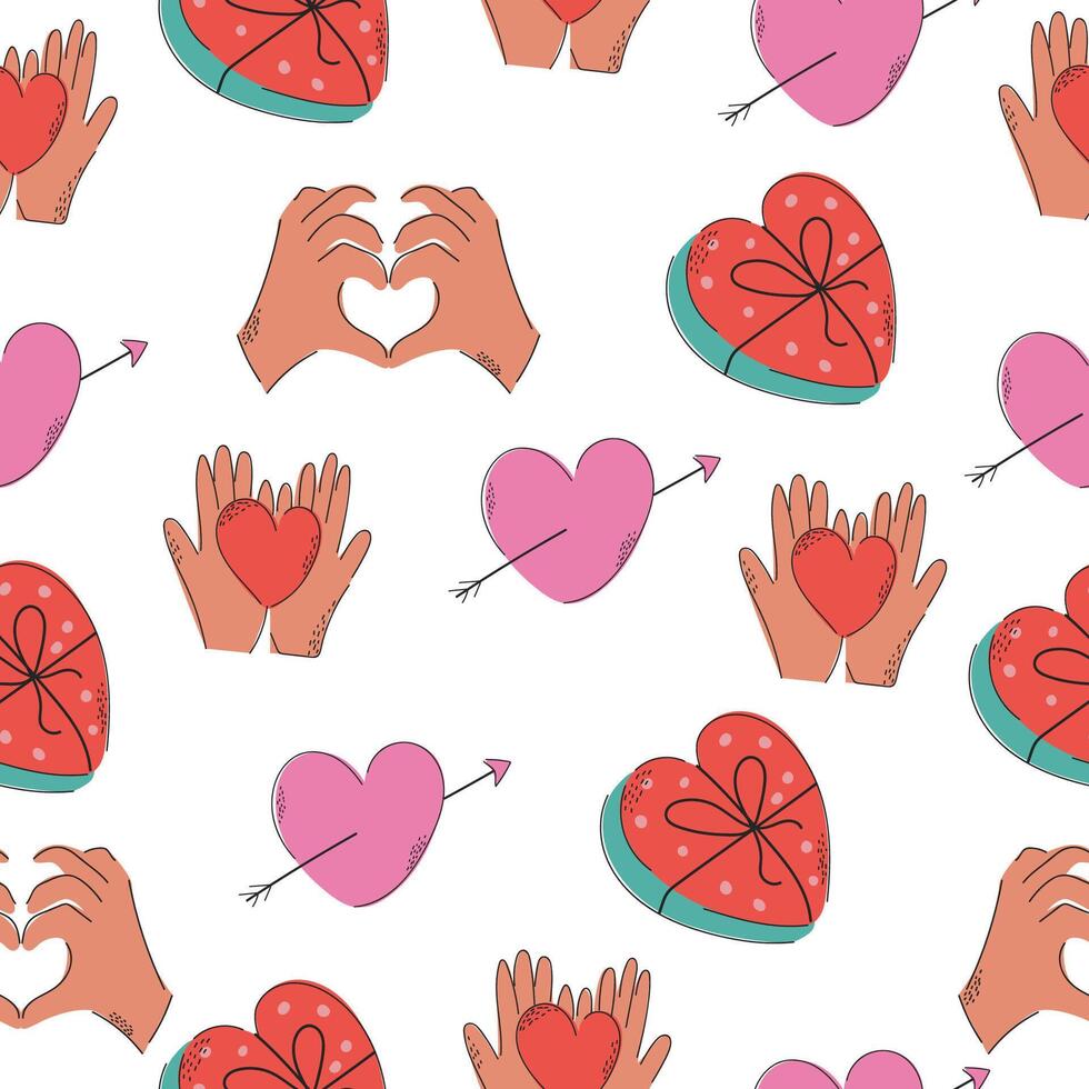 Pattern love. Valentine's day background. Heart. Doodle. For packaging, postcards, and other designs. Vector illustration.