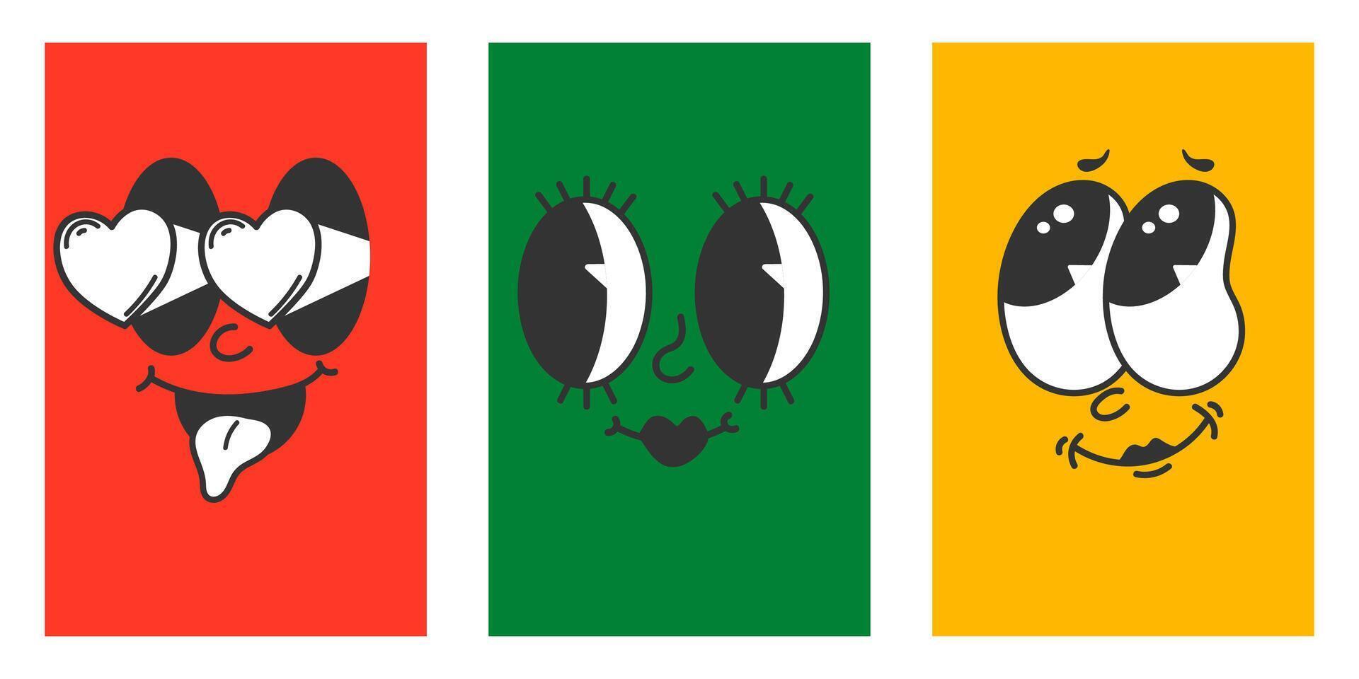 retro 30s dibujos animados mascota caracteres gracioso caras. años 50, 60s antiguo animación ojos y bocas elementos. Clásico cómic sonrisa para logo vector colocar. sonriente caricaturas con contento y alegre emociones