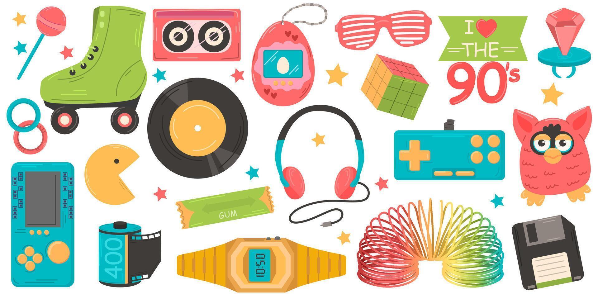 Set of colorful elements 80s 90s, retro badge, emblem, fashionable patch. Vector illustration Pro Vector