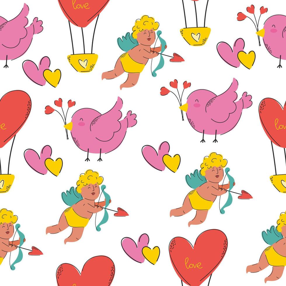 Pattern love. Valentine's day background. Heart. Doodle. For packaging, postcards, and other designs. Vector illustration.