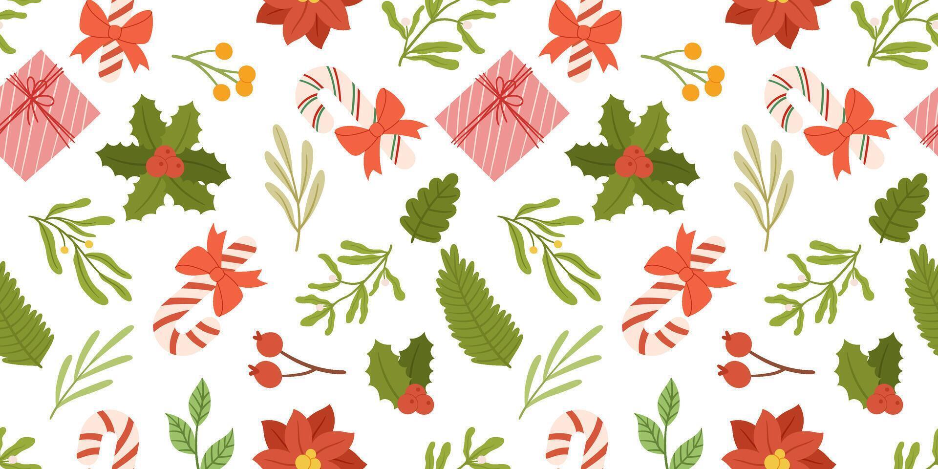 Navidad sin costura modelo con hojas perennes plantas, muérdago, acebo baya y caramelo caña con rojo arco, rosado regalo caja, bayas en rama y flor de pascua flores repetido ilustración para envase papel vector